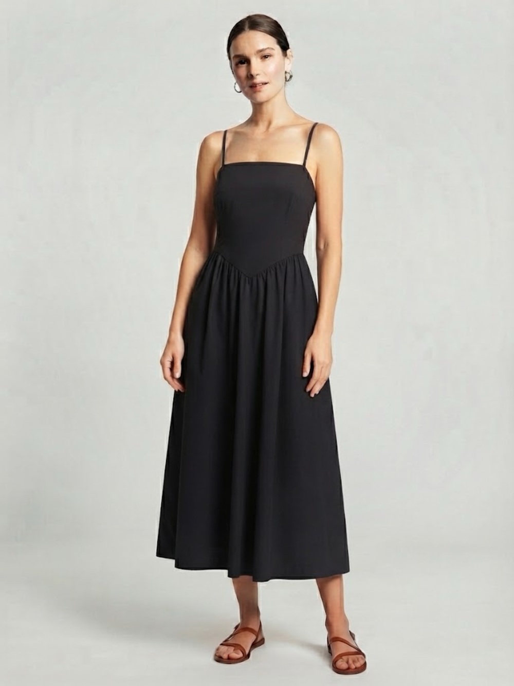 Japna size M Black Square-Neck Cotton Midi Dress